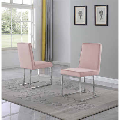 Pink Velvet Upholstered Dining Side Chairs, Chrome Base, Set of 2