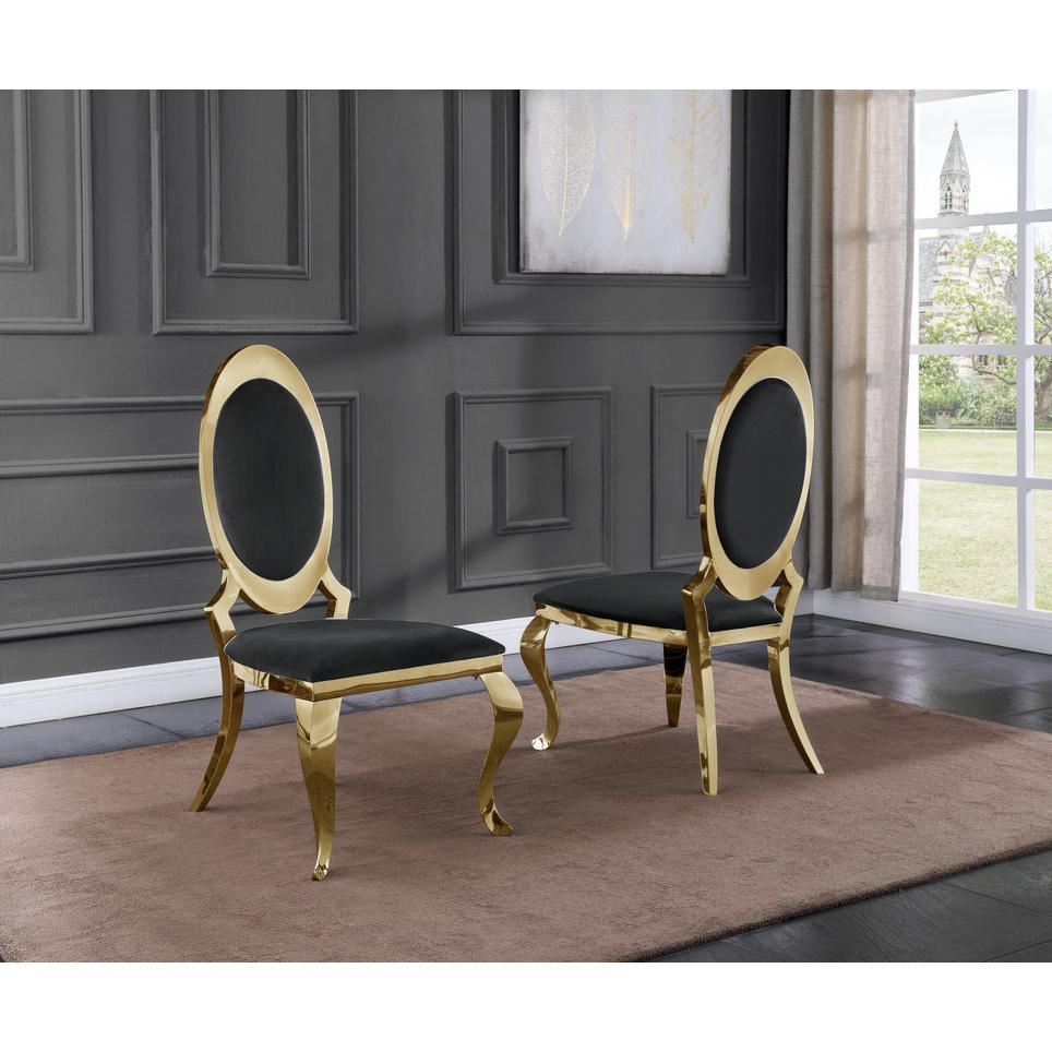 Classic 7pc Dining Set w/Uph Side Chair, Glass Table w/ Gold Spiral Base, Black