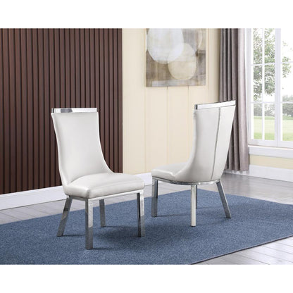 7pc dining set- Recatngle Marble table with a U shape base and 6 side chairs in White faux leather