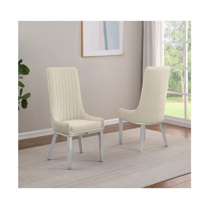 Cream, Teddy Fabric, Pleated Back Side Chair With Silver Base, Set Of Two