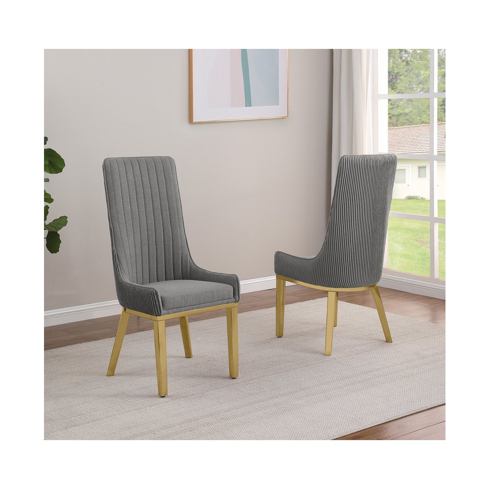 Dark Gray, Teddy Fabric, Pleated Back Side Chair With Gold Base, Set Of Two
