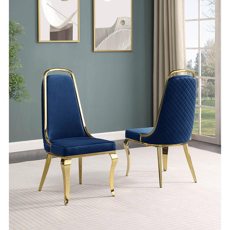 7-piece glam dining set with 6 Navy blue chairs and one 95" glass dining table
