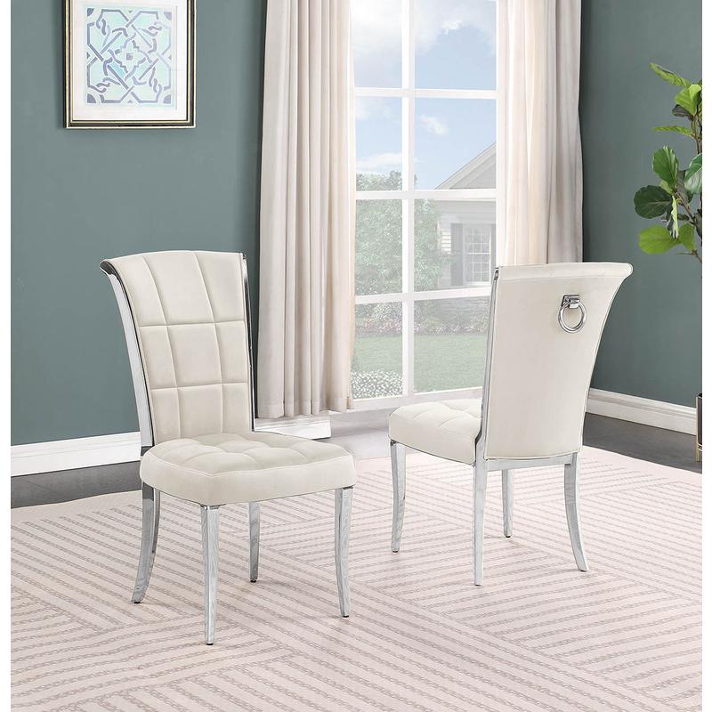 7-piece glam dining set with 6 cream  chairs and a 95" long glass  table