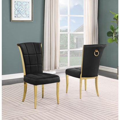 7pc Small(78") glass dining set with gold base and 6 Black side chairs