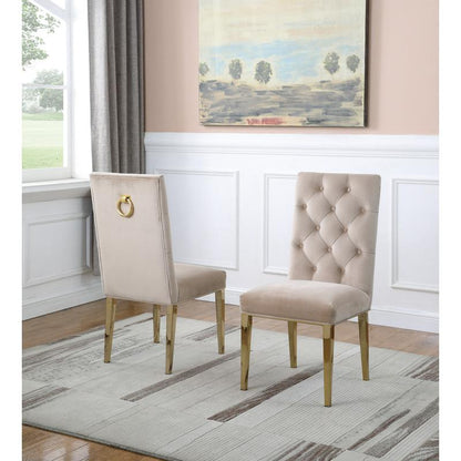 Contemporary 5pc Dining Set, Glass Dining Table w/Stainless Steel Gold Base & Velvet Tufted Chrome Leg Dining Chairs, Beige