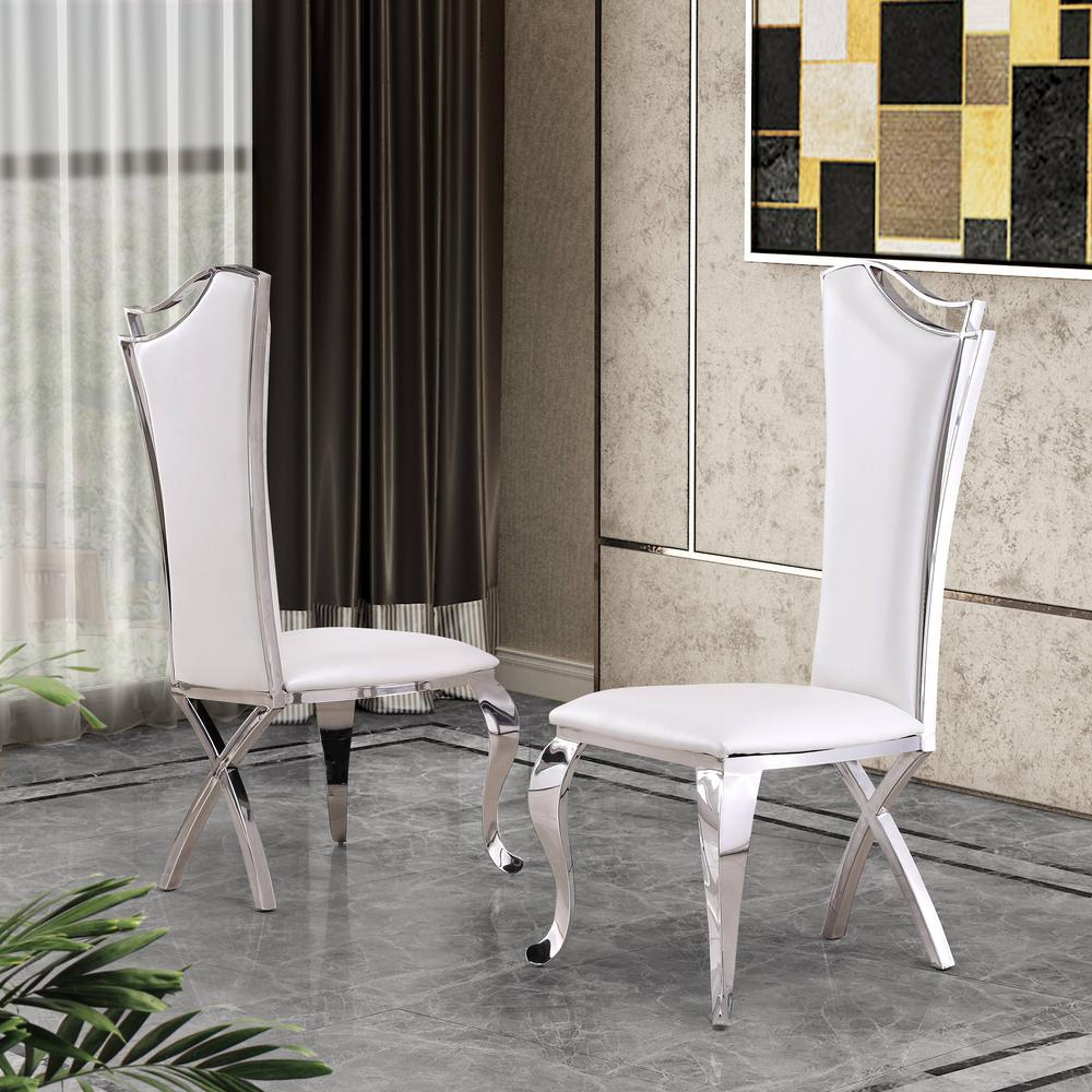 White Marble 5pc Set Non-Tufted Stainless Steel Chairs in White Faux Leather