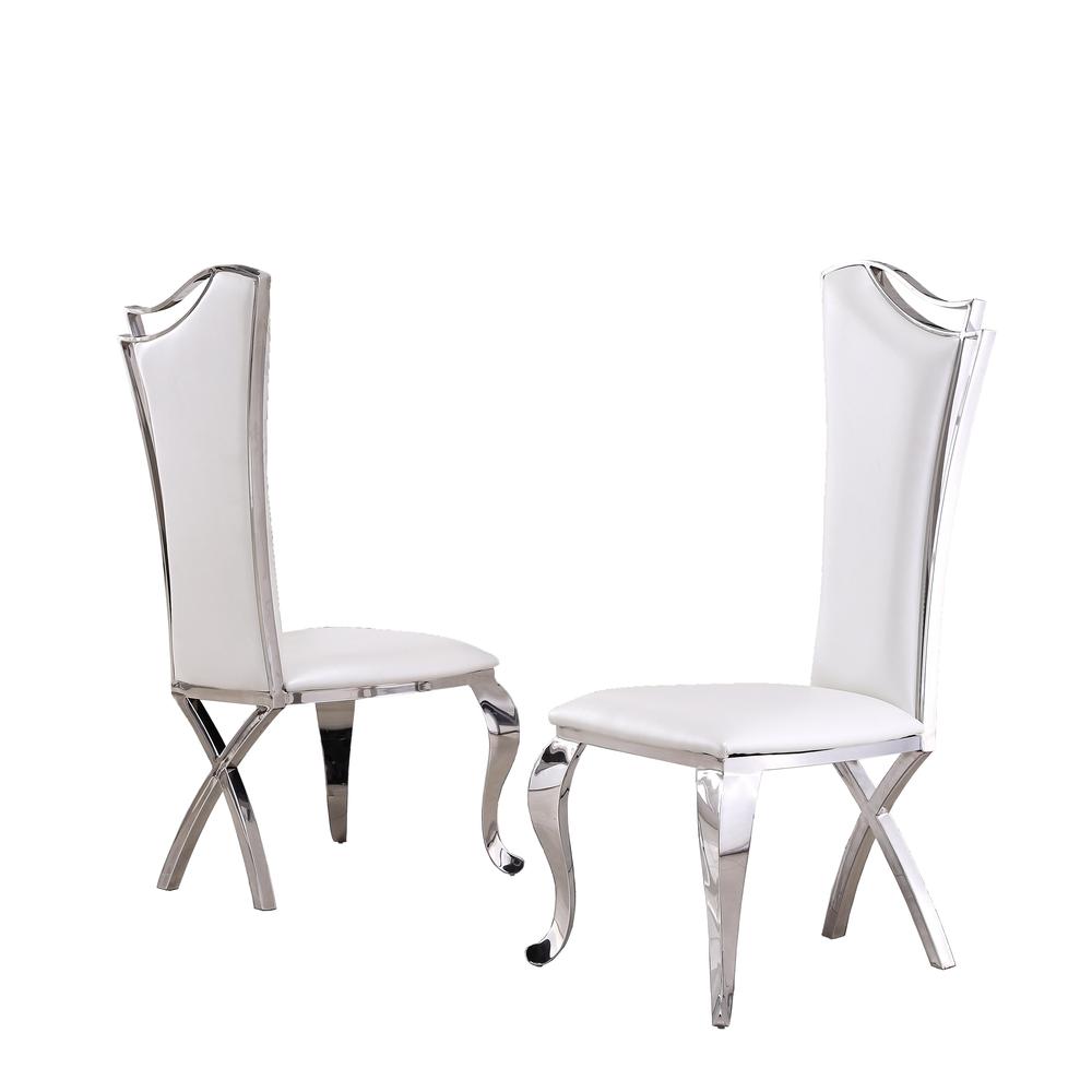 White Marble 5pc Set Non-Tufted Stainless Steel Chairs in White Faux Leather