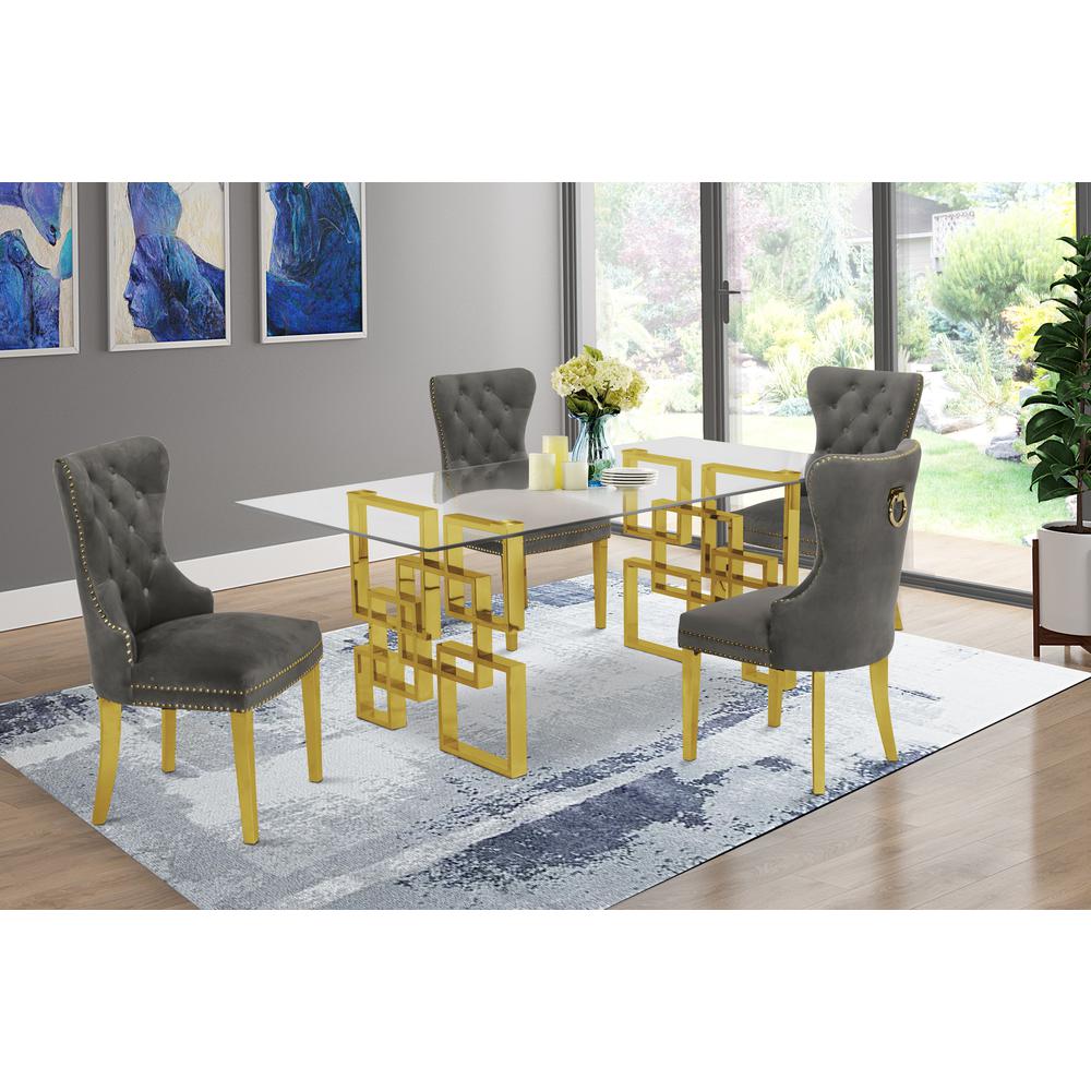 Classic 5 Piece Dining Set With Glass Table Top and Stainless Steel Legs, Dark Grey