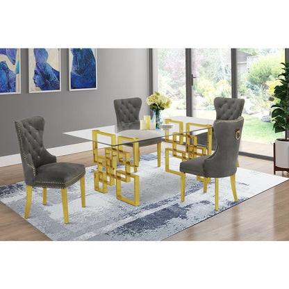Classic 5 Piece Dining Set With Glass Table Top and Stainless Steel Legs, Dark Grey