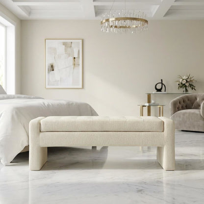 Beige Button-Tufted Storage Bench with Cushioned Top and Versatile Design