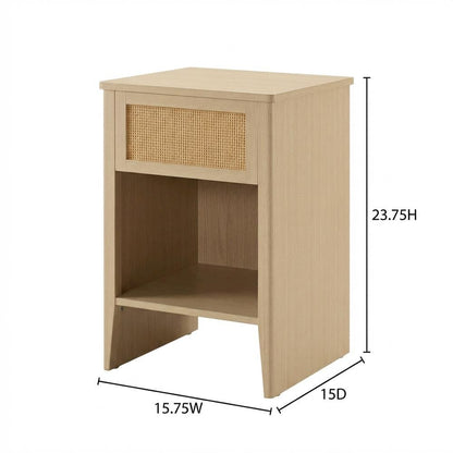 Rattan Accent Side Table with Drawer Storage and Open Shelf