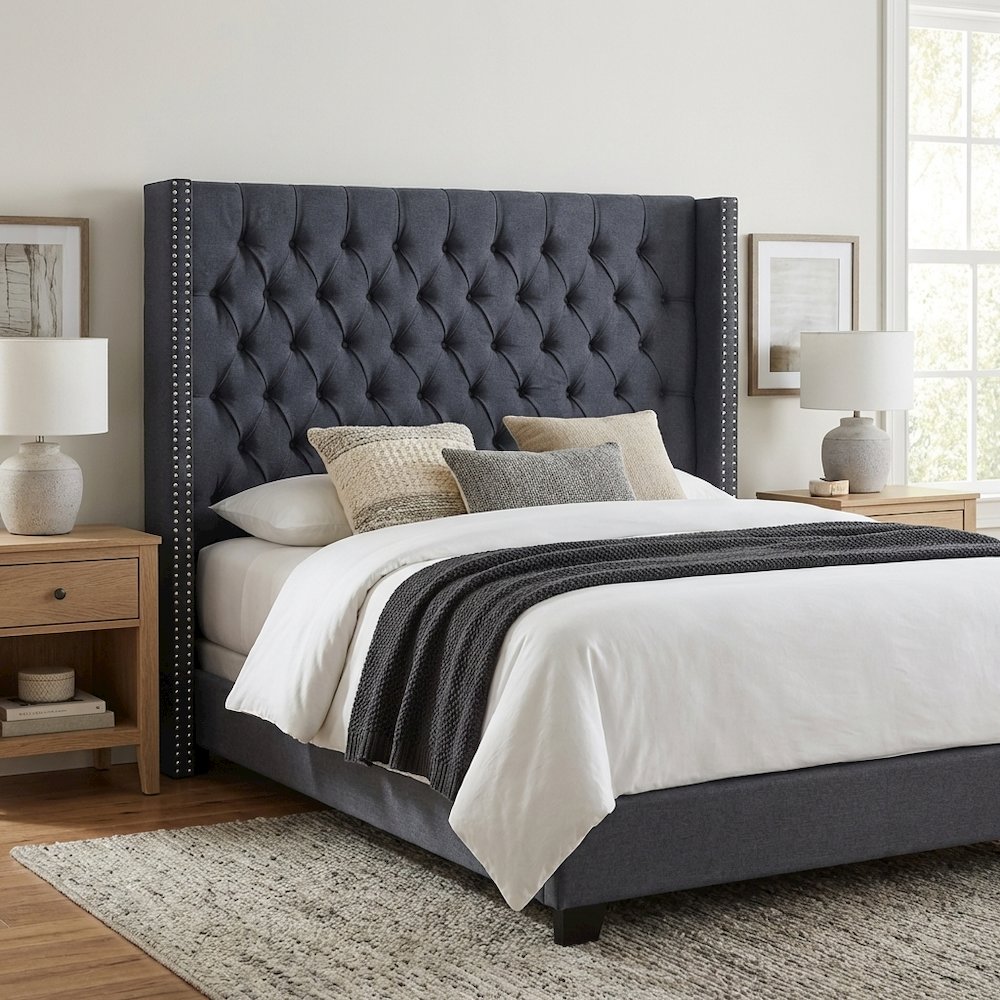 Blue Upholstered Headboard with Plywood Frame and Metal Legs, Spot Clean