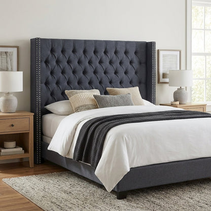 Blue Upholstered Headboard with Plywood Frame and Metal Legs, Spot Clean