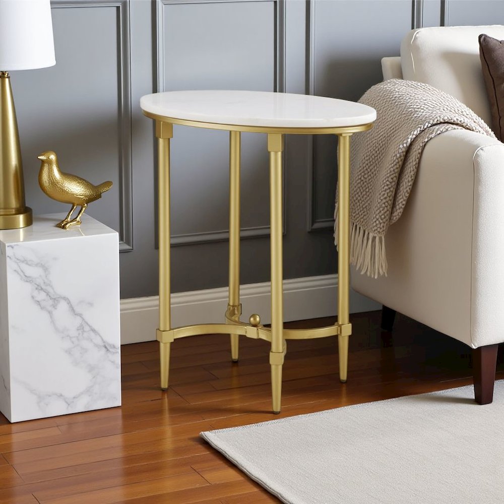White Marble End Table with Metal Legs – Small Side Table for Living Room