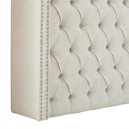 Beige Upholstered Headboard with Plywood Frame and Metal Legs for Bedroom
