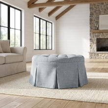 Light Blue Tufted Round Ottoman, Skirted Seat for Bedroom
