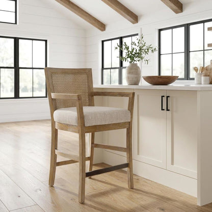 Solid Wood Frame Cane Back Counter Stool with Woven Detail