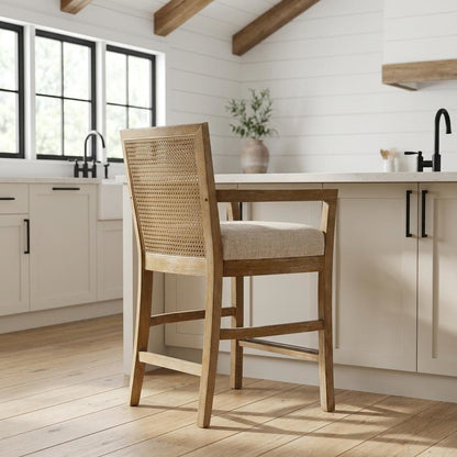 Solid Wood Frame Cane Back Counter Stool with Woven Detail
