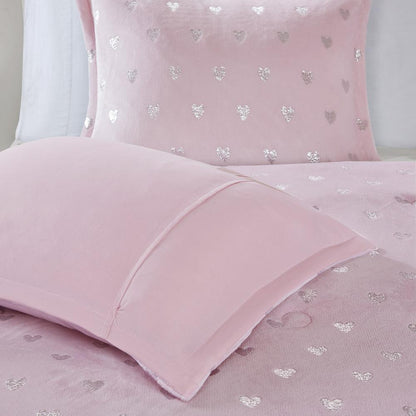 Rosalie Metallic Heart Printed Plush Comforter Set, Belen Kox