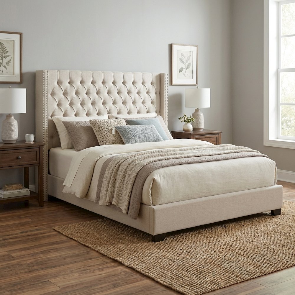 Beige Upholstered Headboard with Plywood Frame and Metal Legs for Bedroom