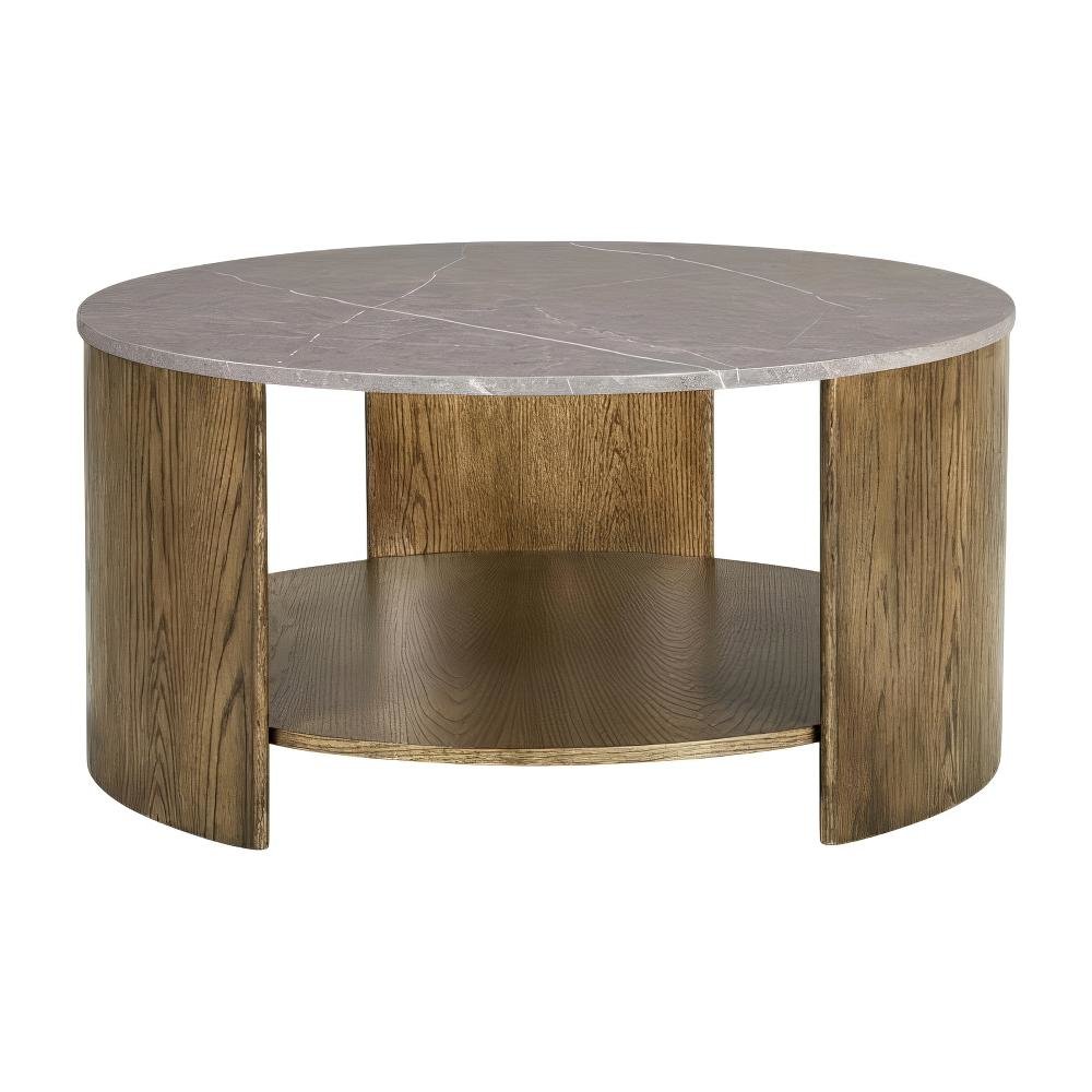 Brown Round Coffee Table with MDF and Marble Paper Top and Lower Shelf