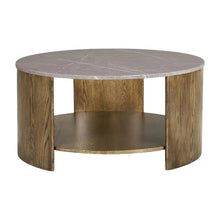 Brown Round Coffee Table with MDF and Marble Paper Top and Lower Shelf