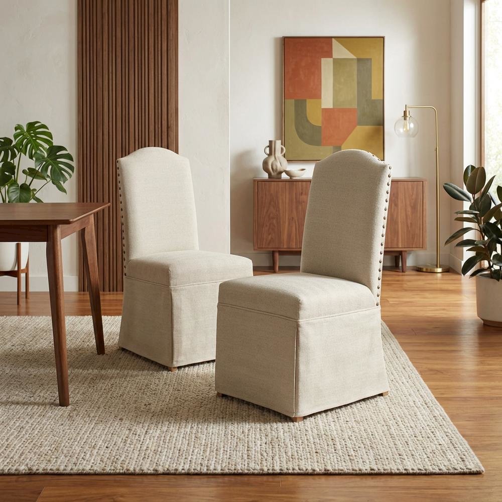 Beige Dining Chairs Set of 2 with Slipcovers, Upholstered Dining Chairs