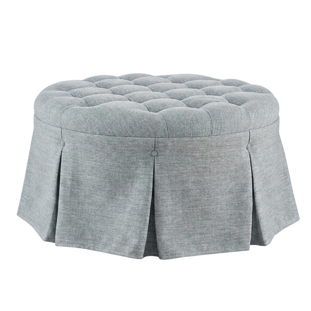 Light Blue Tufted Round Ottoman, Skirted Seat for Bedroom