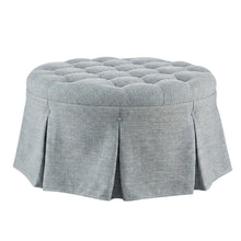 Light Blue Tufted Round Ottoman, Skirted Seat for Bedroom