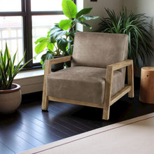 Brown Upholstered Accent Chair with Reclaimed Wood Frame for Living Room