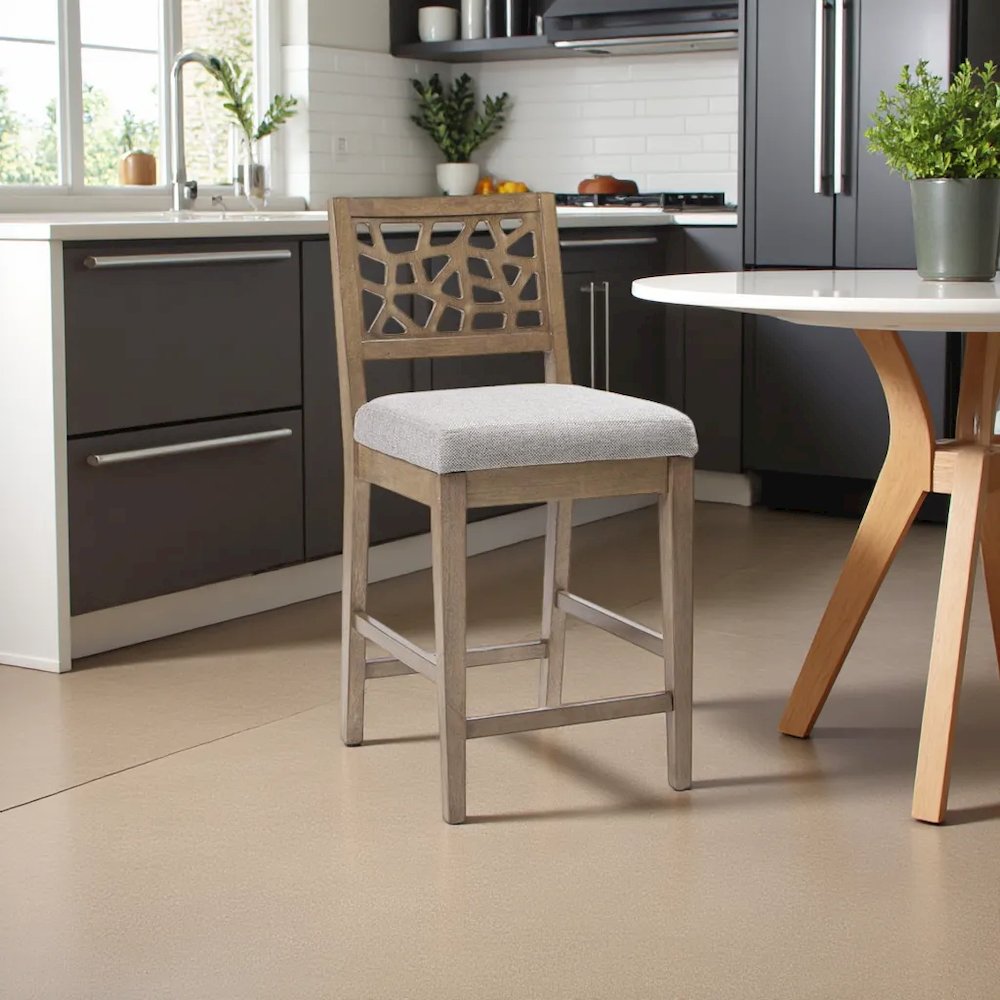 Gray Upholstered Counter Stool with Solid Wood Legs for Kitchen Islands