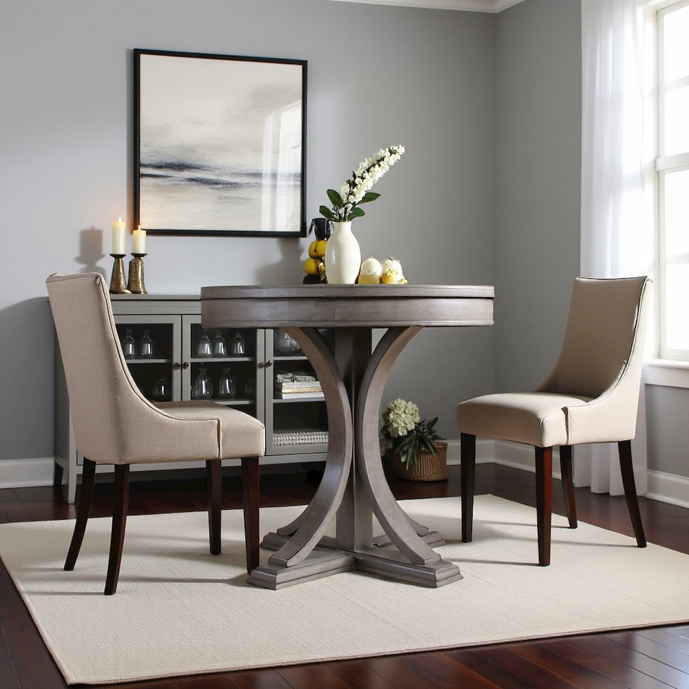 Gray Round Dining Table with Wood Veneer Top for Kitchen and Dining