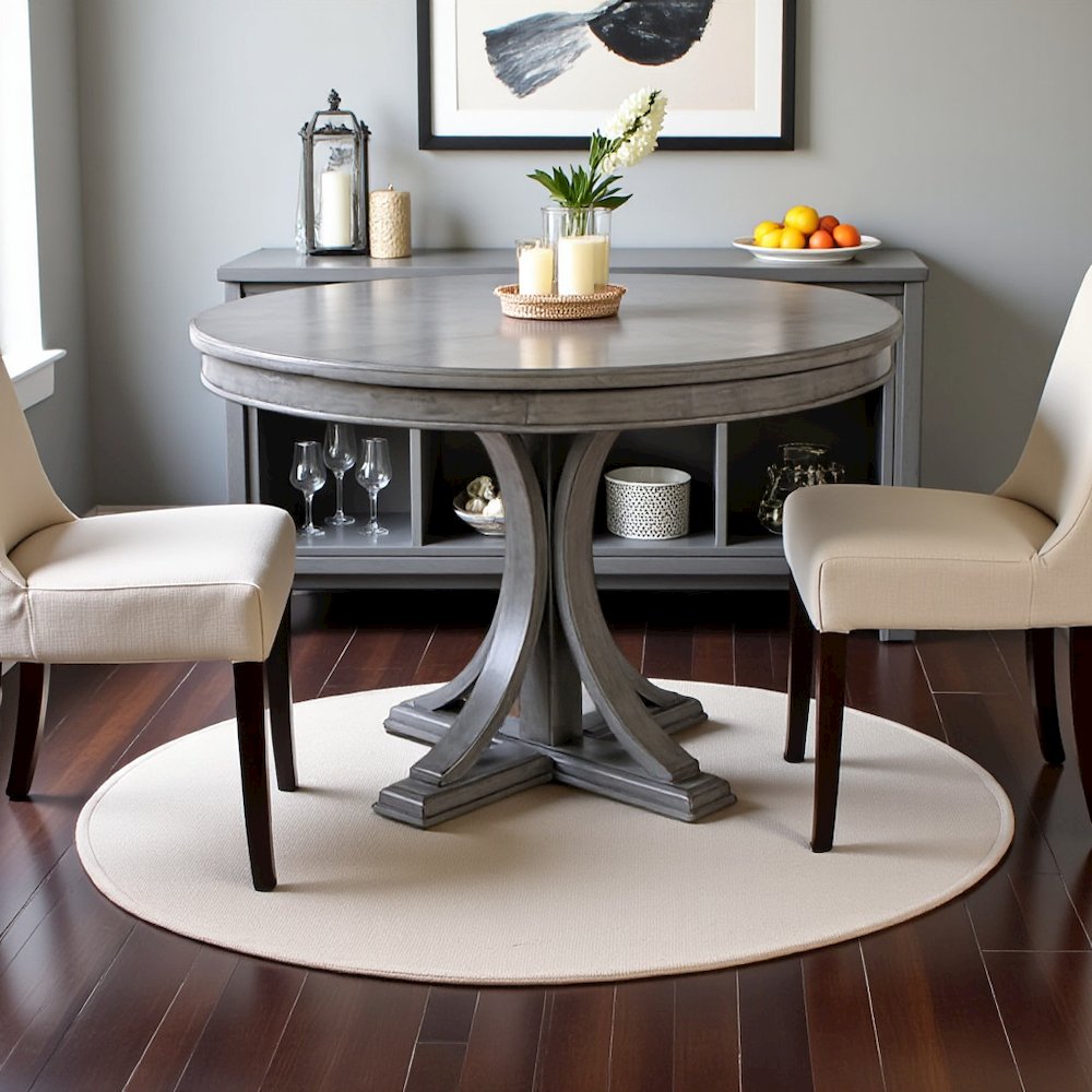 Gray Round Dining Table with Wood Veneer Top for Kitchen and Dining