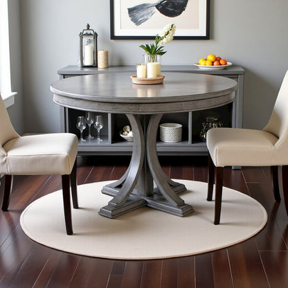 Gray Round Dining Table with Wood Veneer Top for Kitchen and Dining