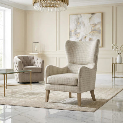 Beige Wing Chair with Stylish Design and Comfortable Upholstery