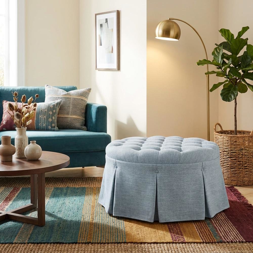 Light Blue Tufted Round Ottoman, Skirted Seat for Bedroom