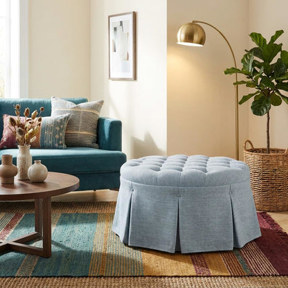 Light Blue Tufted Round Ottoman, Skirted Seat for Bedroom