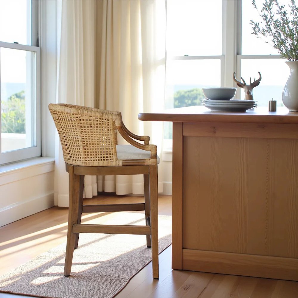 Handcrafted Brown Counter Stool with Solid Wood Frame for Kitchen
