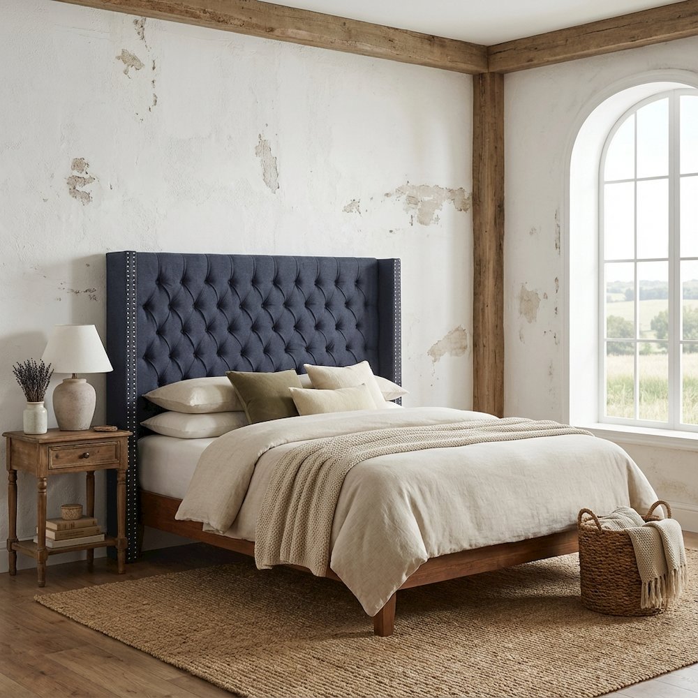 Blue Upholstered Headboard with Plywood Frame and Metal Legs, Spot Clean