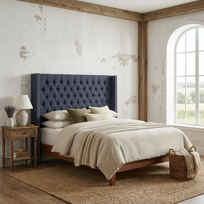 Blue Upholstered Headboard with Plywood Frame and Metal Legs, Spot Clean