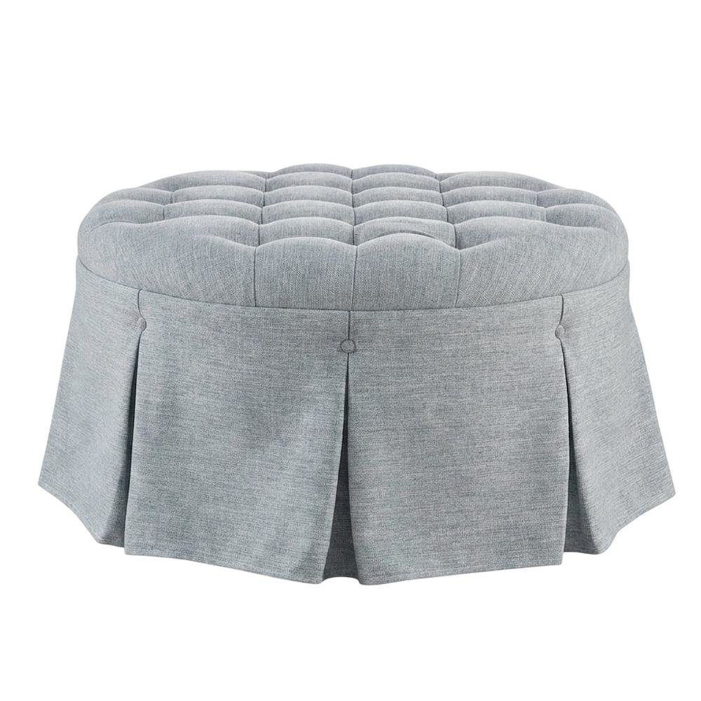 Light Blue Tufted Round Ottoman, Skirted Seat for Bedroom