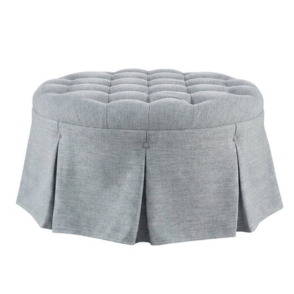 Light Blue Tufted Round Ottoman, Skirted Seat for Bedroom