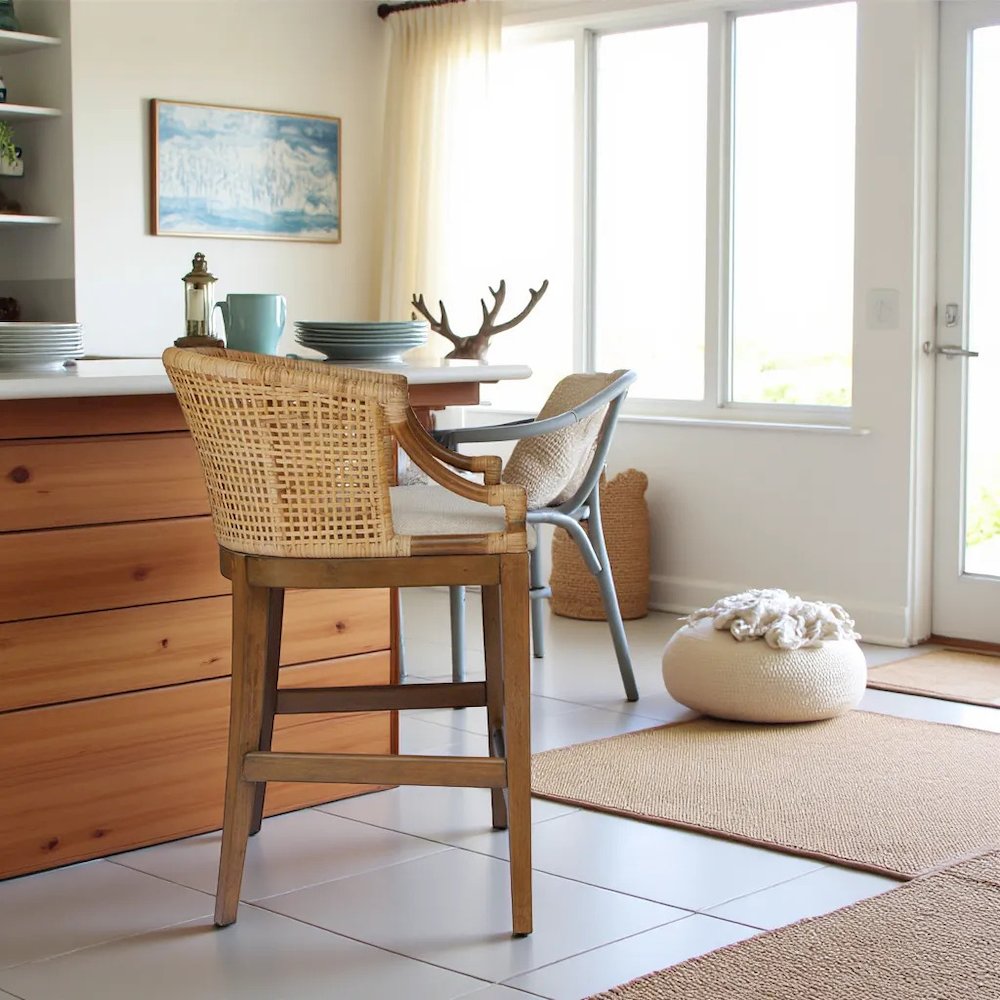 Handcrafted Brown Counter Stool with Solid Wood Frame for Kitchen