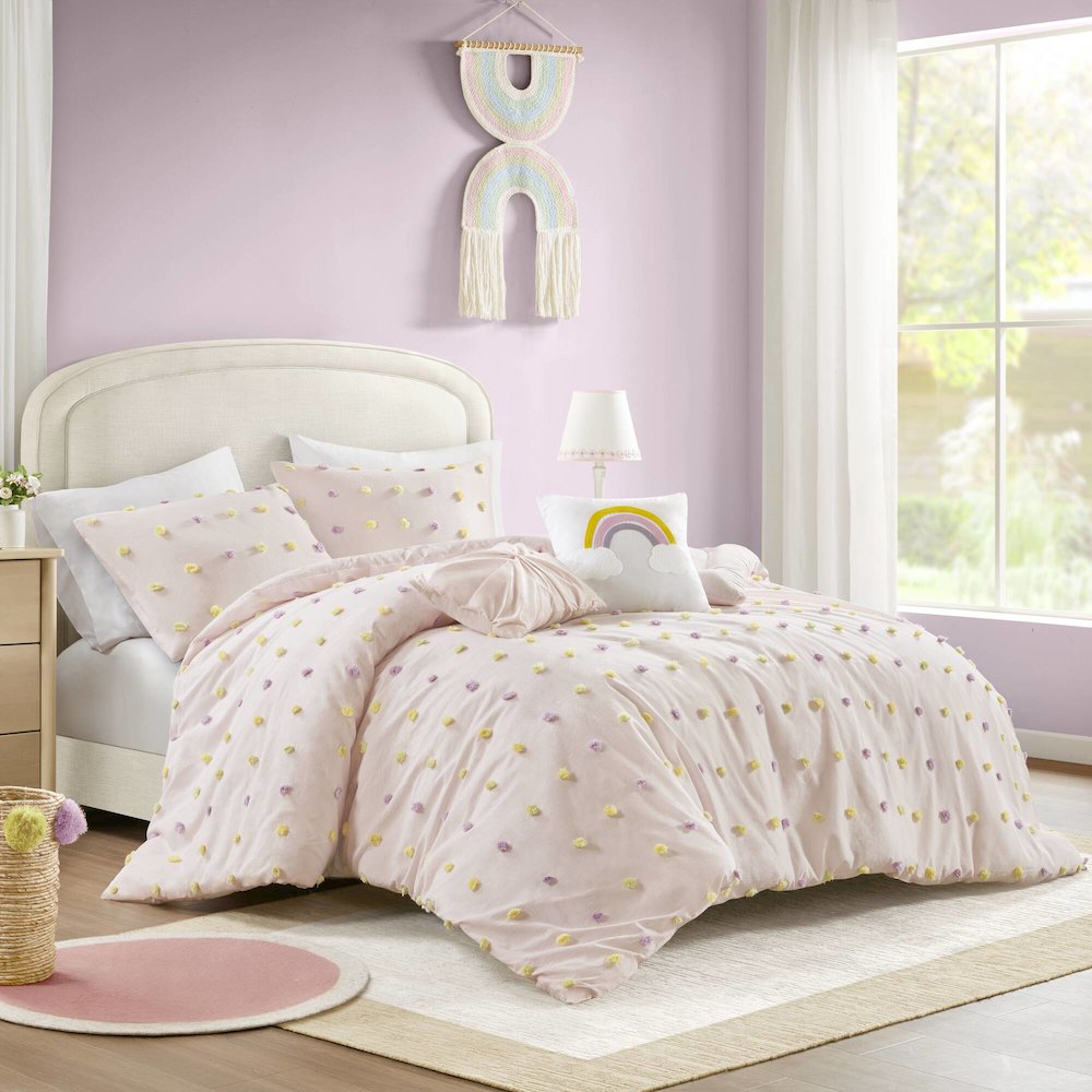 Callie Cotton Jacquard Pom Pom Comforter Set, Pink Multi color