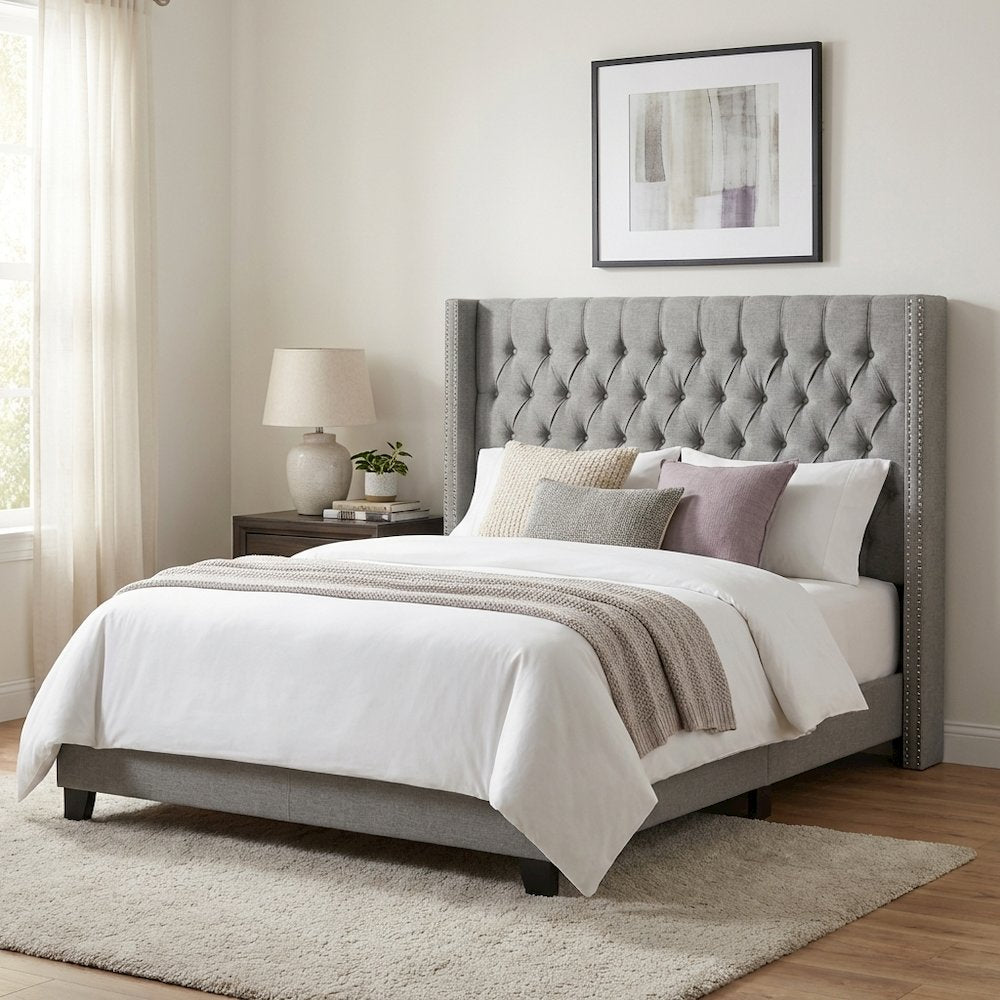 Gray Upholstery Headboard with Plywood Frame and Metal Legs for Bedroom