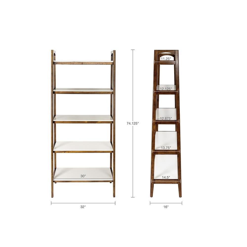Ladder 5 Tier Open Bookcase with Wood Frame and White Top for Small Spaces