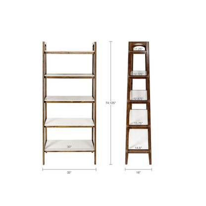 Ladder 5 Tier Open Bookcase with Wood Frame and White Top for Small Spaces