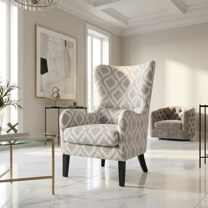 Grey Wingback Accent Chair with Arianna Pattern and Comfortable Design
