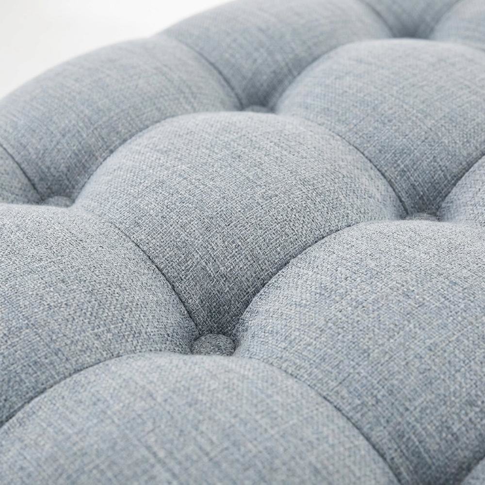Light Blue Tufted Round Ottoman, Skirted Seat for Bedroom