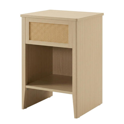 Rattan Accent Side Table with Drawer Storage and Open Shelf